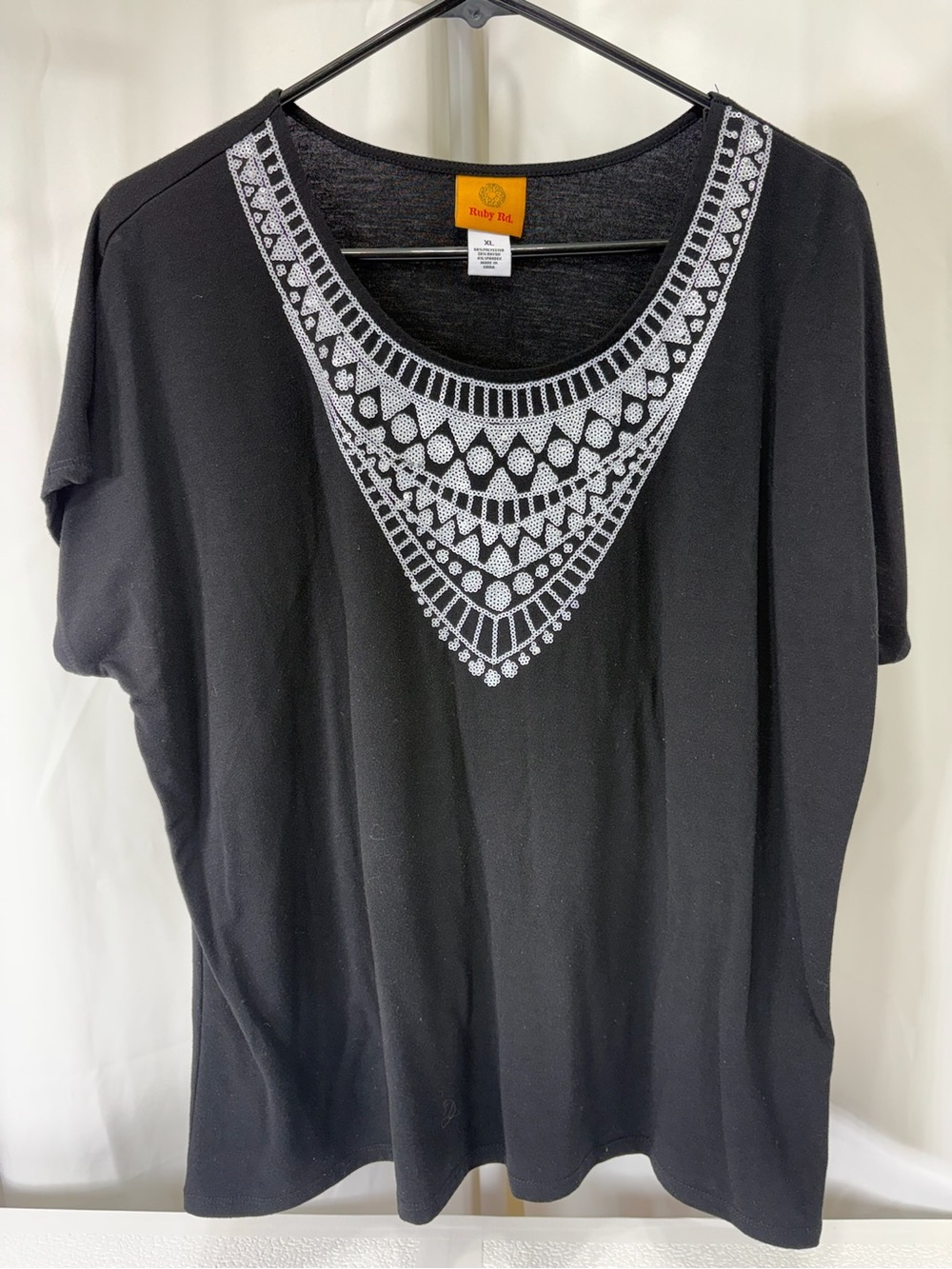Ruby Rd. Black Short-Sleeve Top with White Embroidered V-Bib 3149